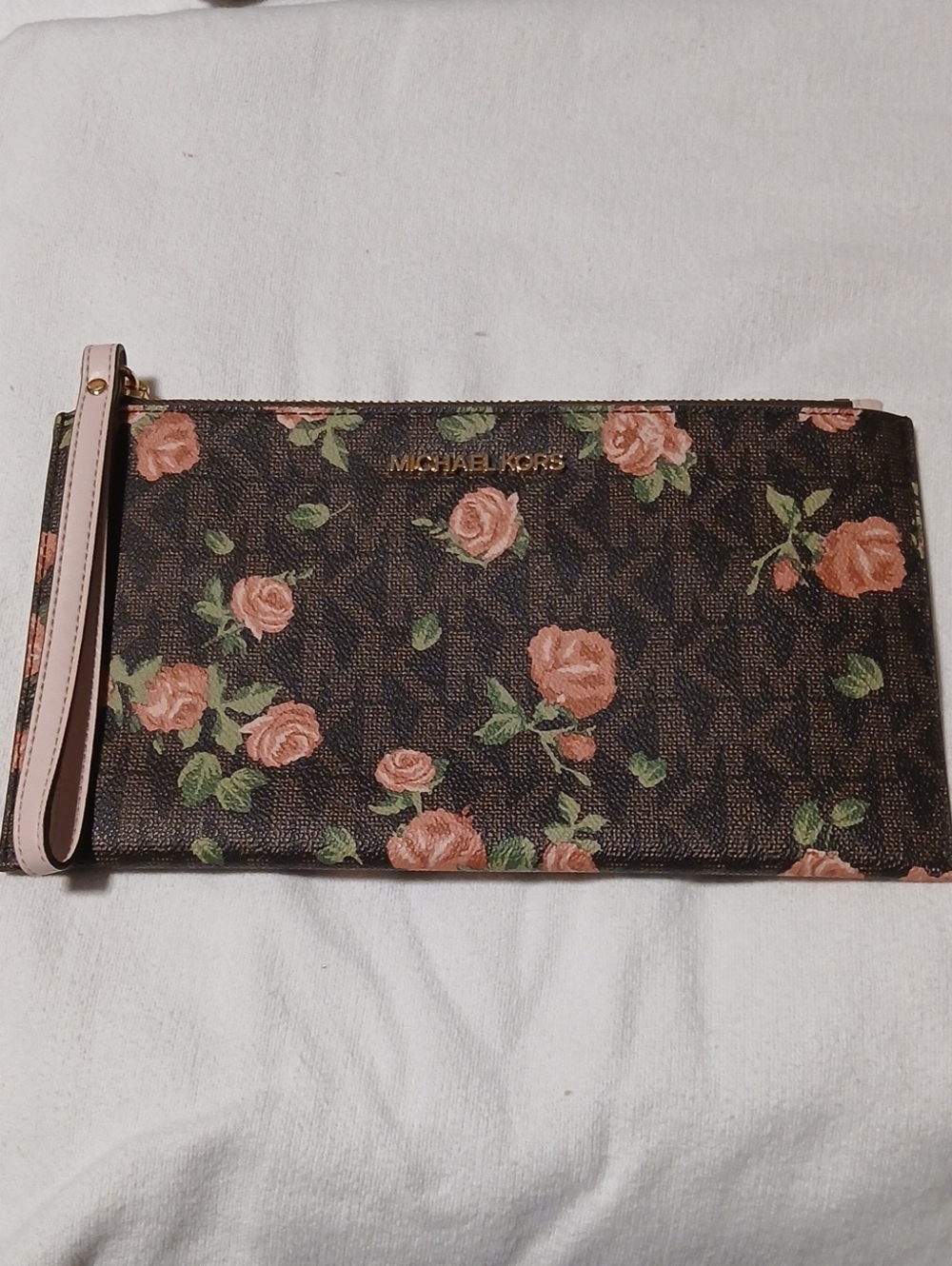 Michael Kors Brown Floral Wristlet Clutch with Pink Roses (Unused)